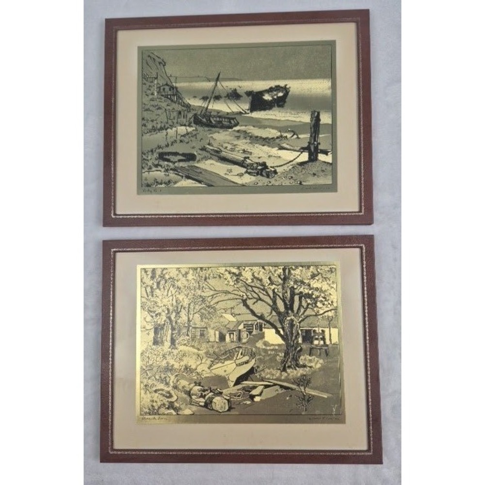 Lionel Barrymore Gold Foil Etchings 8x10 Shoreside Farm & Rocky Point Set